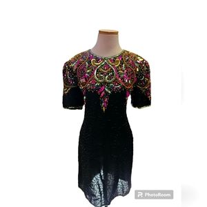 Vintage Laurence kazar silk beaded sequin knee length cocktail dress